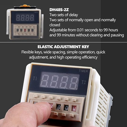 DH48S-2Z 220V Digital Time Relay with Socket Base - Dual Timer Delay (0.01s-99h) - 5A 250VAC Fully Automatic Control Relay - LCD Display Adjustable Buttons for Industrial/Home Automation