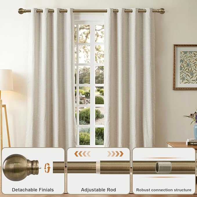Antique Bronze Curtain Rods for Windows 72 to 144 Inch Long Brass Window Curtain Rod 1" Diameter Adjustable Heavy Duty with Metal Finials for Living Room Bedroom Farmhouse Kitchen Outdoor
