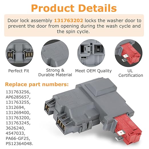 Upgraded 131763202 131763256 1317632 131763255 Washer Door Lock Switch and 131763310 131763302 Washer Door Striker for Frigidaire Kenmore Crosley FAFW4011LW0 FAFW3511KW0 Washing Machine