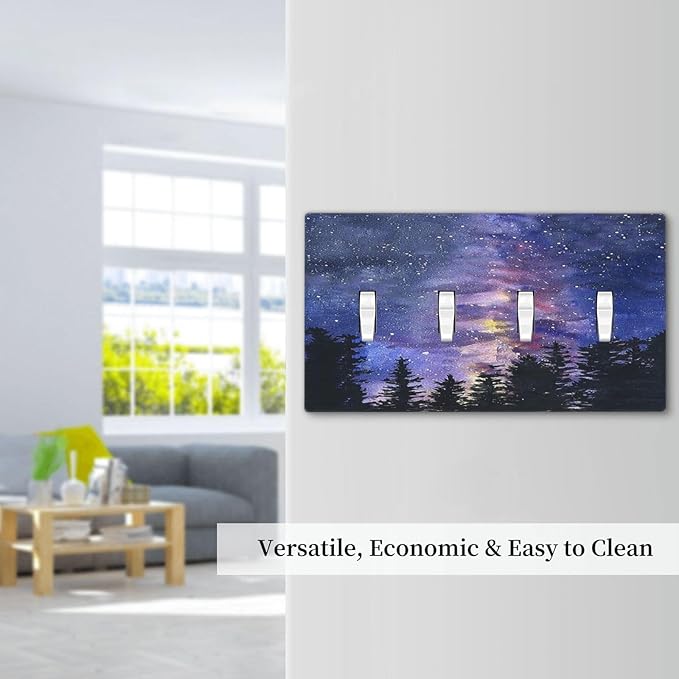 Light Switch Covers Dream Milky Way Starry Forest Pine Watercolor Painting Quad Toggle 4 Gang Wall Plate Electrical Faceplate Decorative Switch Plates for Bedroom Home Decor