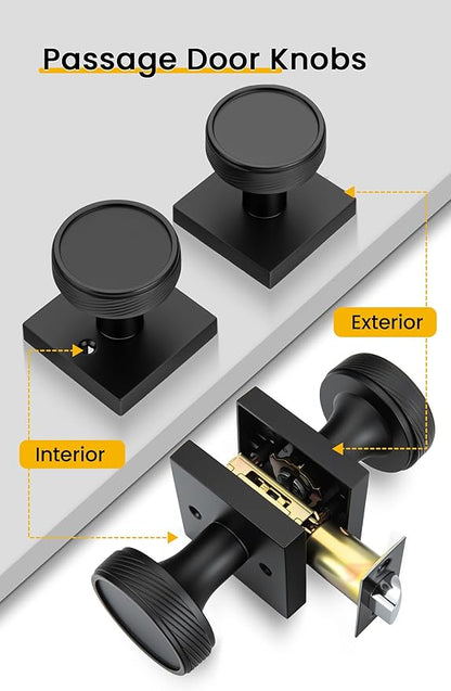 goldenwarm Passage Door Knob Black, Zinc-Alloy Modern Matte Black Door Knob Closet Door Knobs Interior for Hallways, Heavy Duty Square Modern Doorknob - 6 Pack