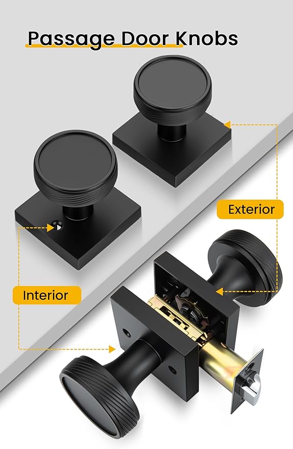 goldenwarm Passage Door Knob Black, Zinc-Alloy Modern Matte Black Door Knob Closet Door Knobs Interior for Hallways, Heavy Duty Square Modern Doorknob - 1 Pack