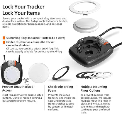 [Apple MFi Certified] iOS GPS Tracker Tag & Holder Case with Combo Cable Lock, Compatible with Apple Find My, Locking AirTag Holder for Luggage Travel Tracking, Backpack, Suitcase, Kids School Bag