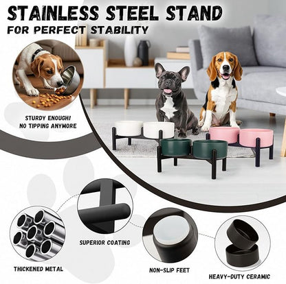 Raised Ceramic Dog Bowl Set - Elevated Double Dishes with Stainless Steel Stand - Food and Water Bowls for Small to Medium Dogs - Each Holds 2 Cups (28.75 fl oz) - Pink