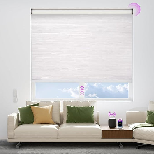 Astomi Motorized Blinds with Remote - Blackout Smart Roller Shades Compatible with Alexa & Goggle Home, Solar Rechargeable, Custom Size 22" - 100" for Indoor Window, Pure Snow