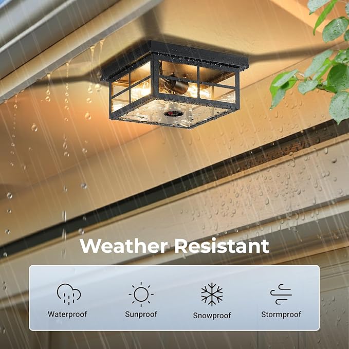 Motion Sensor Outdoor Ceiling Light with Remote, Distance and Time Adjustable Outside Flush Mount Ceiling Light, 5 Modes Porch Lights Outdoor Ceiling for Garage, Porch, Entryway, Black, Square