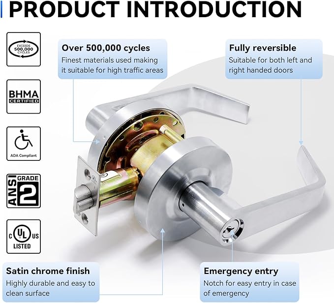 BSEED Storeroom Commercial Door Lever Lock, Heavy Duty Grade 2 Lever Handle, ADA Compliant, UL 3 Hour Fire Rated, Non-Handed, Satin Chrome Finish, 2-3/4" Backset for Storage & Utility Doors