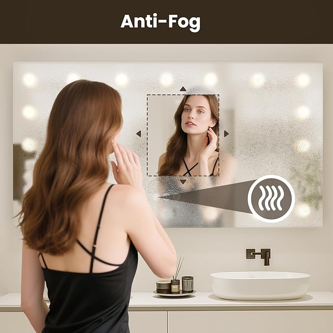 WTTY LED Bathroom Mirror with Lights 55"x36" Hollywood Wall-Mounted Mirror with 3 Color Temperatures, Stepless Dimmable Bulbs, Anti-Fog & Shatter-Proof