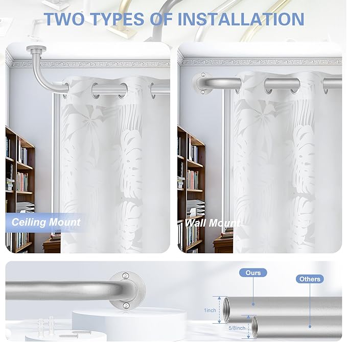 Silver Wrap Around Curtain Rods 48 to 90 Inch:Blackout Heavy duty Adjustable Window Curtain Rod for Bedroom,Industrial Darkening Curved French Metal Single Drapery Rods Easy Install,Nickel