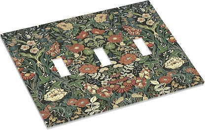 Decorative Switch Plates Vintage Dark Floral William Morris Green Flower 3 Gang Wall Plate Triple Toggle Light Switch Cover Faceplate Electrical Wall Panels for living Room Home Decor