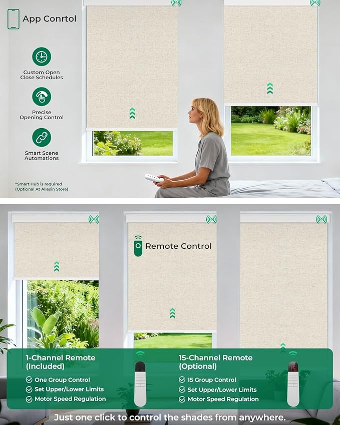 Allesin Motorized Roller Blinds – Rechargeable Smart Shades with Remote & Quiet Motor, Top/Bottom Aluminum Rails, Alexa-Compatible for Window (46" W x 72" H, 100% Blackout Sand-Linen)