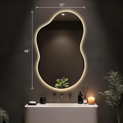 Asymmetrical Lighted Mirror for Bathroom,Modern LED Vanity Mirror with Backlit,Fog-Free,Tri-Color Dimmable Lighting with Memory Function,Hardwire Ready [Horizontal/Vertical] 48" H x 30" W