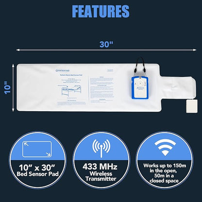 Patient Aid Patient Wireless Bed Alarm 10"x30" Mattress Pad with Motion Sensor, 3 Chime and Mounting Options, AC Adapter, Fall Prevention System for Seniors - Bed Alarms for Elderly - Mailbox Alert