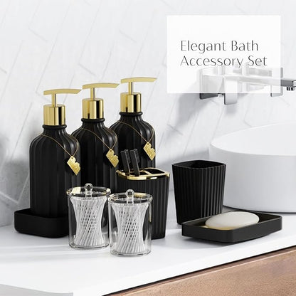 32PCS Bathroom Accessory Set Black Bathroom Accessories Bathroom Set, Shower Curtain Set, 2 Piece Bath Towel Set, 3PC Soap Dispenser, Toilet Brush & Trash Can