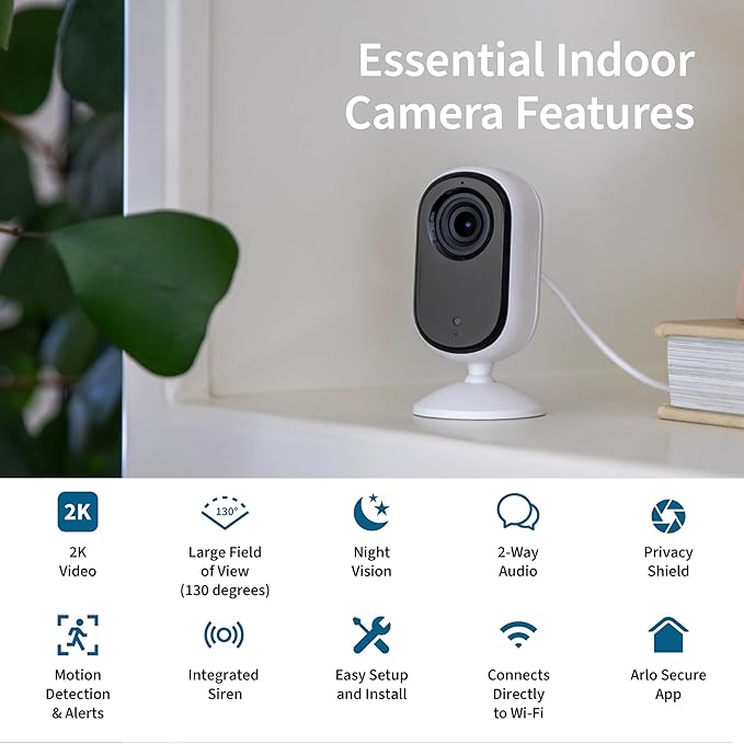 Arlo Essential Security Camera 2K | Indoor Only| 2nd Gen | Baby Monitor & Pet Camera | Wireless with Spotlight, 2-Way Audio, Color Night Vision, Live Stream, Motion Activation, White, 2 Cameras