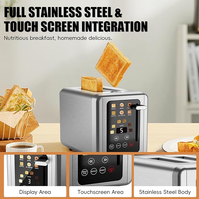 2 Slice Toaster,Touchscreen & Dual Independent Control Panel,5 Basic Functions & Digital Countdown Toasters,6 Shade Settings＆6 Bread Types,Smart Bread Maker Mute/Screen-Off,Titanium