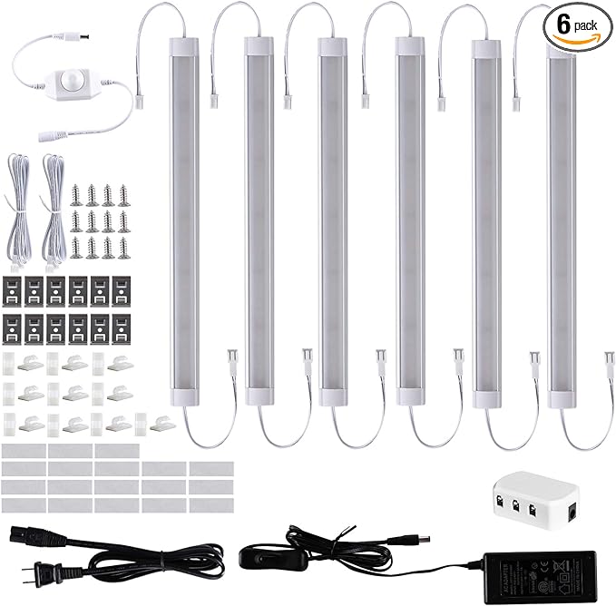 LABOREDUCER Under Cabinet Lighting Plug in Cold White 6000K, 6 Pack 11inch LED Under Cabinet Lights Wired Hardwired Linkable Dimmable with Power Adapter, 24V Under Counter Lights for Kitchen Shelf