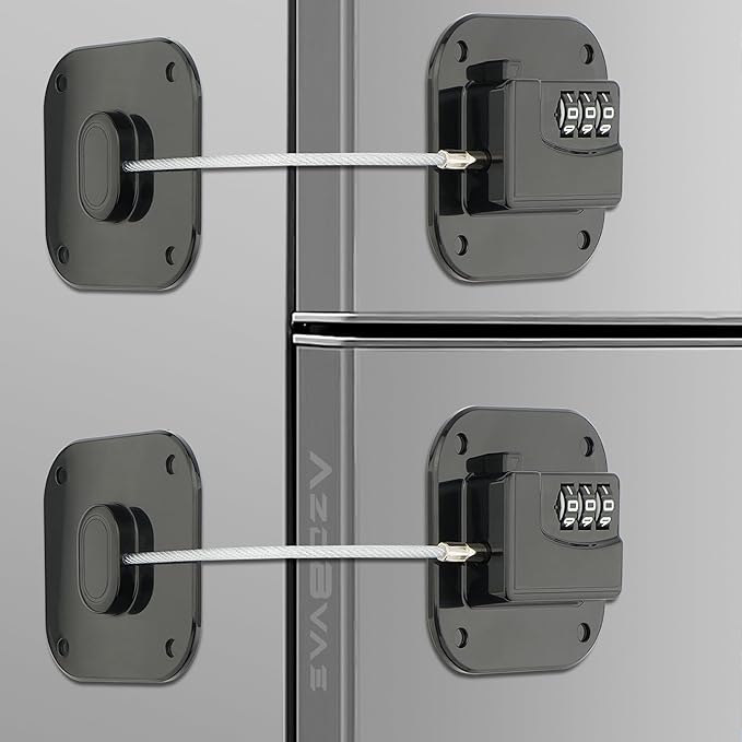Refrigerator Lock, Heavy Duty Fridge Lock, Combination Lock for Fridge, Cabinets, Window, Drawers and Child Safety Keep Cat Away No Drilling, Easy Install, No Keys Needed, 2 Pack, Black
