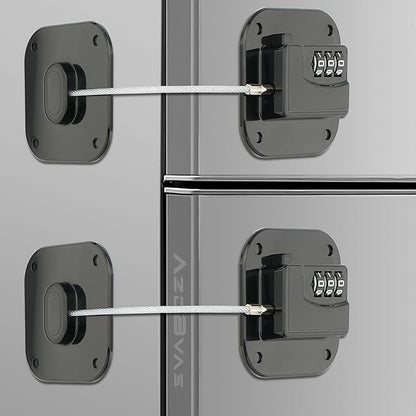 Refrigerator Lock, Heavy Duty Fridge Lock, Combination Lock for Fridge, Cabinets, Window, Drawers and Child Safety Keep Cat Away No Drilling, Easy Install, No Keys Needed, 2 Pack, Black
