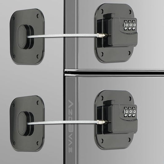 Refrigerator Lock, Heavy Duty Fridge Lock, Combination Lock for Fridge, Cabinets, Window, Drawers and Child Safety Keep Cat Away No Drilling, Easy Install, No Keys Needed, 2 Pack, Black