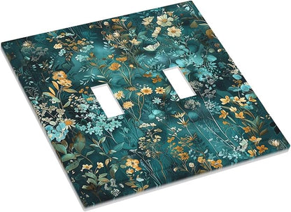 Decorative Switch Plates Green Leaf Floral Boho Golden Flower Plant 2 Gang Double Toggle Outlet Light Switch Cover Wall Plate Electrical Faceplate For Bed Room Cabin Decor