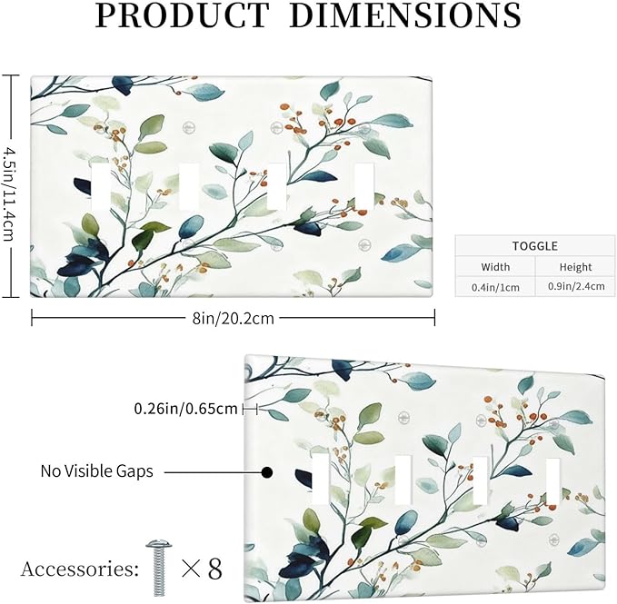 Decorative Light Switch Cover Plate Eucalyptus Leaf Geen Sage Leaves 4 Gang Wall Plates for Electrical Outlets Quad Toggle Switch Plate Covers Outlet Covers Faceplate for Bedroom Home Decor