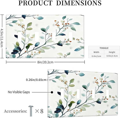Decorative Light Switch Cover Plate Eucalyptus Leaf Geen Sage Leaves 4 Gang Wall Plates for Electrical Outlets Quad Toggle Switch Plate Covers Outlet Covers Faceplate for Bedroom Home Decor