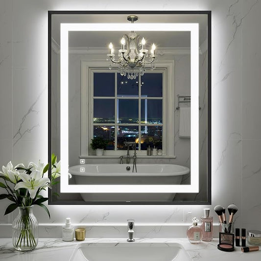 30X36 Inch LED Bathroom Mirror with Lights, Black Frame Frontlit+ Backlit Bathroom Vanity Mirror for Wall, Ultra-Clear Tempered Glass, Shatter-Proof, Anti-Fog and Memory Function, ETL Listed