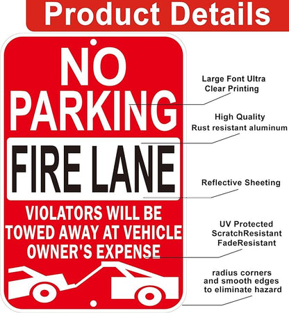 No Parking Fire Lane Signs, Red, Reflective Aluminum, 12 x 18 Inches, Weather Resistant, Wall Mount, 2 Pack