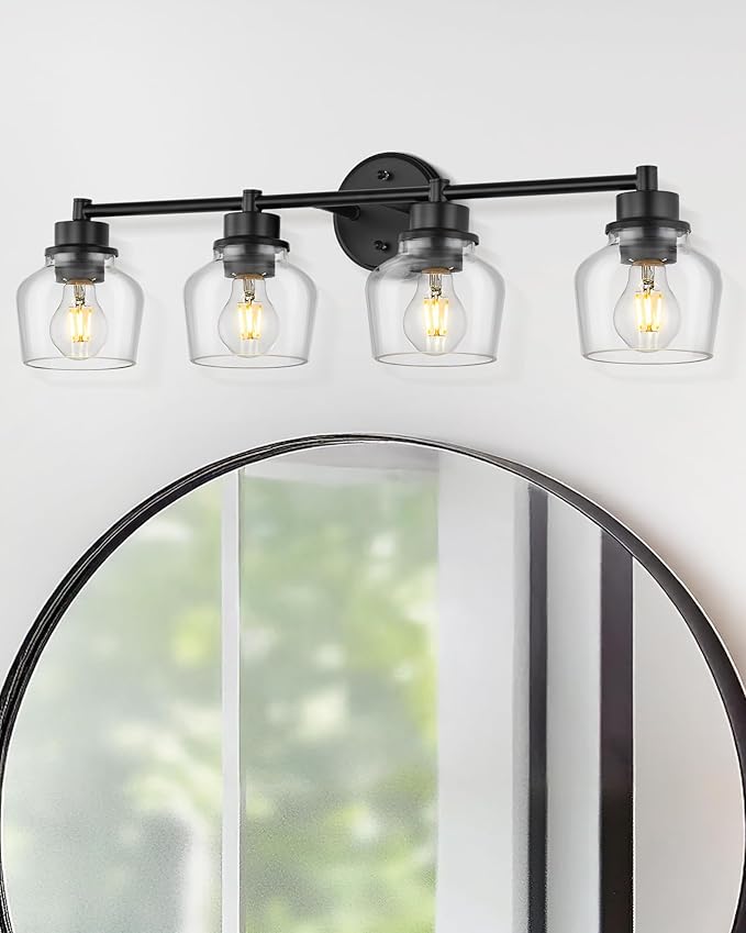 Emak 4-Light Bathroom Vanity Light, 29 Inch Black Bathroom Light Fixtures Over Mirror with Clear Glass Shade, Modern Farmhouse Vanity Lights for Mirror, Bath, VL122-BK-CG-4
