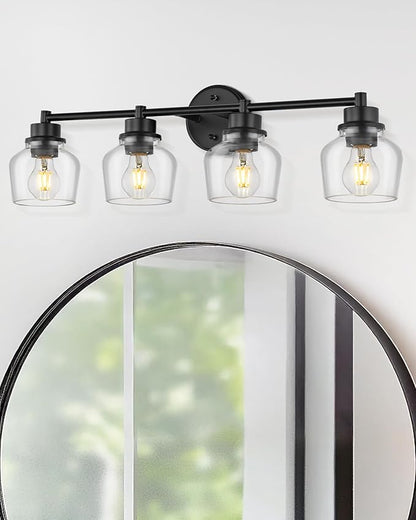 Emak 4-Light Bathroom Vanity Light, 29 Inch Black Bathroom Light Fixtures Over Mirror with Clear Glass Shade, Modern Farmhouse Vanity Lights for Mirror, Bath, VL122-BK-CG-4