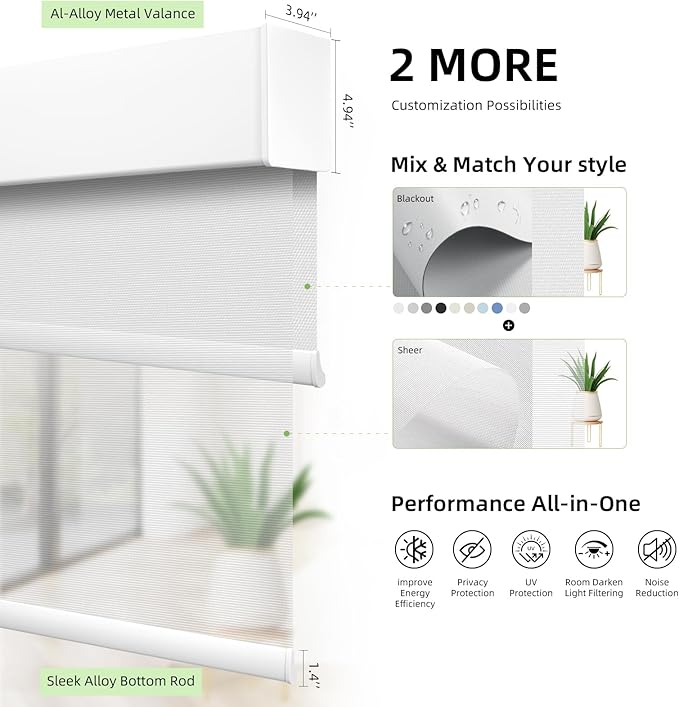 ZSTARR Motorized Day and Night Dual Smart Blind for Window with Valance Rechargeable Motor,Blackout Roller Shade Custom Size,with Valance Suitable for Home,Office (Full Blackout Pure White)
