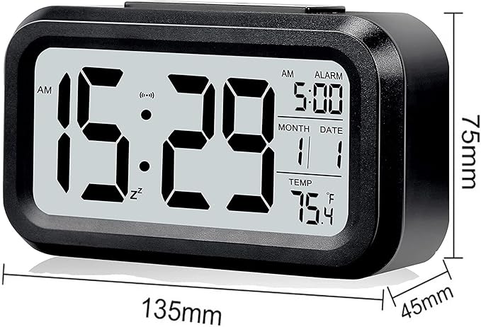 Digital Alarm Clock with LCD Display, Desk Smart Electronic Small Clock with Indoor Temperature, Date, Light Sensor, Backlight, Battery Operated, for Home Bedroom Kids Office (Black)