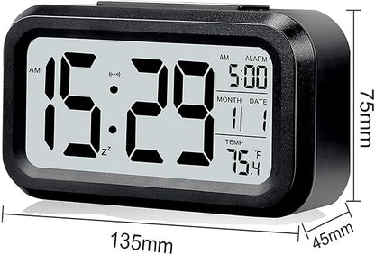 Digital Alarm Clock with LCD Display, Desk Smart Electronic Small Clock with Indoor Temperature, Date, Light Sensor, Backlight, Battery Operated, for Home Bedroom Kids Office (Black)