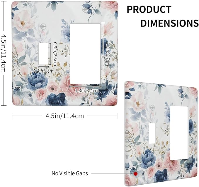 Elegant Watercolor Pink Blue Flowers Floral 2 Gang Combo 1 Toggle 1 Rcoker Light Switch Covers Decorative Switch Plates Electrical Switch Plates and Outlet Covers for Home Art Decor 4.5 X 4.5 IN