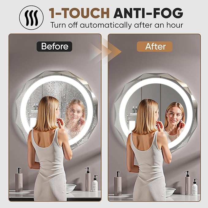 32 Inch Round LED Bathroom Mirror with Lights, Frameless Vanity LED Mirror for Bathroom with Beveled Edge, Backlit Anti-Fog, Dimmable, 3 Colors, Memory Function, Tempered Glass, Shatter-Proof