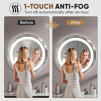 24 Inch Round LED Bathroom Mirror with Lights, Frameless Vanity LED Mirror for Bathroom with Beveled Edge, Backlit Anti-Fog, Dimmable, 3 Colors, Memory Function, Tempered Glass, Shatter-Proof
