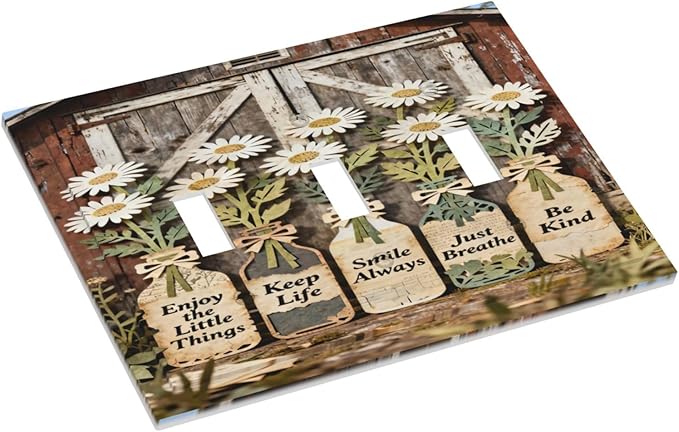 Rustic Daisy Barn Door Flowers 3 Gang Triple Toggle Decorative Light Switch Covers Electrical Faceplate Switch Plates for Bathroom Kitchen Home