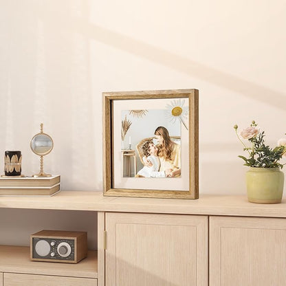 Axeman 8x8 Floating Picture Frame - Solid Oak Wood Square Picture Frame, Double Tempered Glass Photo Frame 3x3 4x4 5x5 6x6 8''x8'' Wood Frame, Wall Mount Or Tabletop Standing, Natural