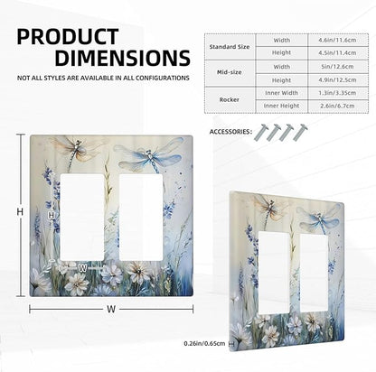 Decorative Outlet Covers Watercolor Dragonfly Blue Wihte Flower 2 Gang Light Switch Cover Plate Double Rocker Wall Plates for Electrical Outlets Switch Plate Covers for Bedroom Home Decor