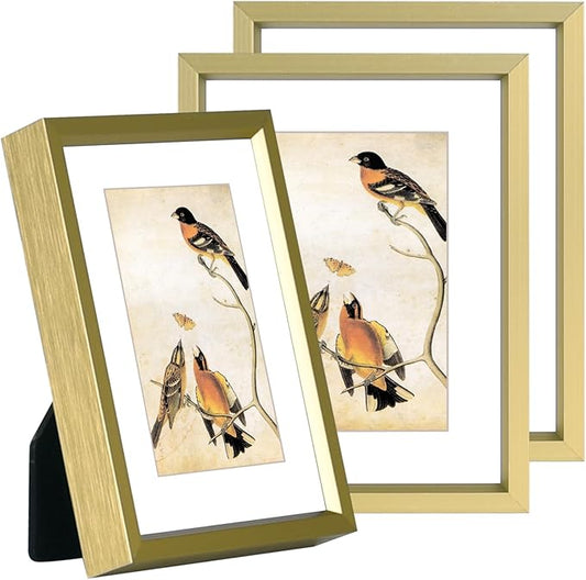 3x4 Picture Frame Set of 3, Brass Aluminum Metal Photo Frames with HD Glass, Fits 2x3 with Mat or 3 x 4 without Mat, Display for Wall and Table