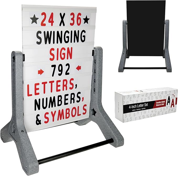 Swinging Changeable Message Sidewalk Sign: 24" x 36" Sign with 792 Pre-Cut Double Sided Letters and Storage Box. Includes Black Board & Letter Board (Granite Color Legs)