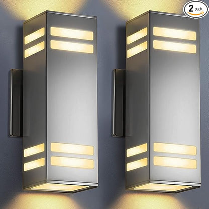 KIZON Modern Dusk to Dawn Outdoor Lighting 2 Pack, Stainless Steel Up and Down Sconce with E26 Base, Includes 3000K Bulbs, Waterproof Exterior Lighting Fixtures, Outdoor Lights for House Porch Garage