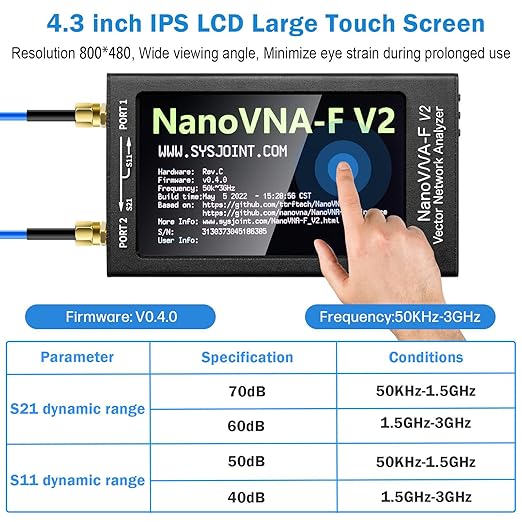 AURSINC Upgraded NanoVNA-F V2 Vector Network Analyzer 50KHz-3GHz HF VHF UHF VNA Antenna Analyzer, 4.3inch Touchscreen, 5000mAh Battery, Measuring S-Parameters, SWR, Phase Delay, Smith Chart