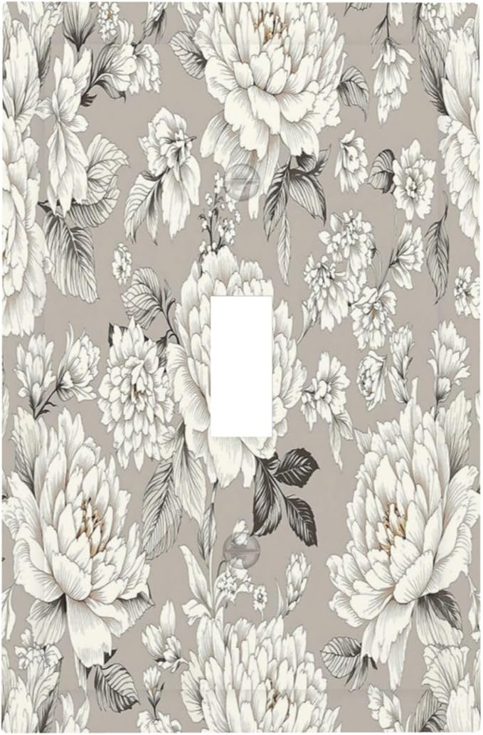White Poppies Floral Modern Grey Peonies Flowers Decorative Light Switch Cover 1 Gang Single Toggle Decorator Outlet Wall Plate Device Electrical Faceplate Switchplates for Bedroom Bathroom
