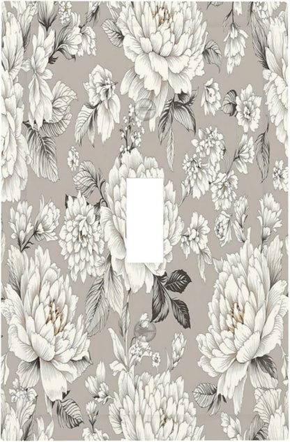 White Poppies Floral Modern Grey Peonies Flowers Decorative Light Switch Cover 1 Gang Single Toggle Decorator Outlet Wall Plate Device Electrical Faceplate Switchplates for Bedroom Bathroom