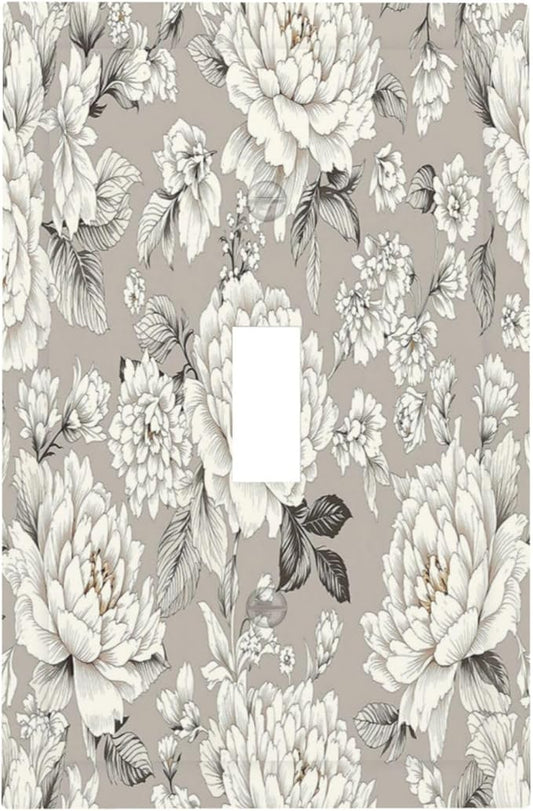 White Poppies Floral Modern Grey Peonies Flowers Decorative Light Switch Cover 1 Gang Single Toggle Decorator Outlet Wall Plate Device Electrical Faceplate Switchplates for Bedroom Bathroom