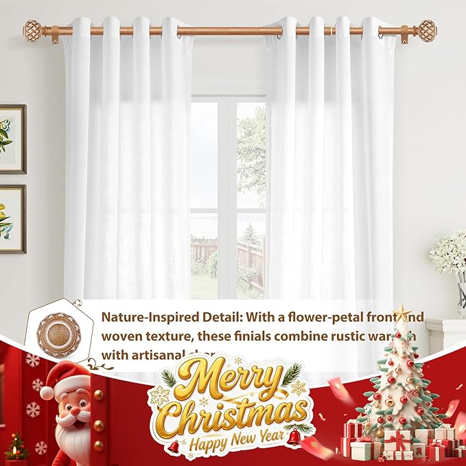 TONIAL Wood Curtain Rod 32 to 58 Inches, 7/8 Adjustable Curtain Rods for Windows 20 to 54 Inches, Splicing Drapery Rods Decorative with Netted Texture Finials