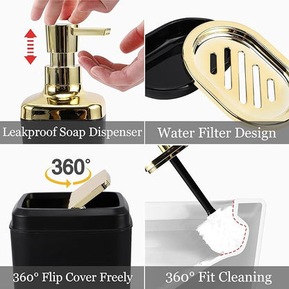 Black and Gold Bathroom Accessories Set, Bathroom Sets with Shower Curtain, Black Bathroom Accessories with Trash Can, Soap Dispenser, Soap Dish, Toilet Brush Holder, Qtip Holders for Bathroom