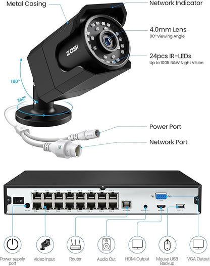 ZOSI 4K 16CH PoE Security Camera System, 8 x 8MP PoE IP Camera Outdoor Indoor with Human Detection, 100ft IR Night Vision, IP66 Weatherproof, 4K 16CH H.265+ NVR with 4TB HDD for 24/7 Audio Recording